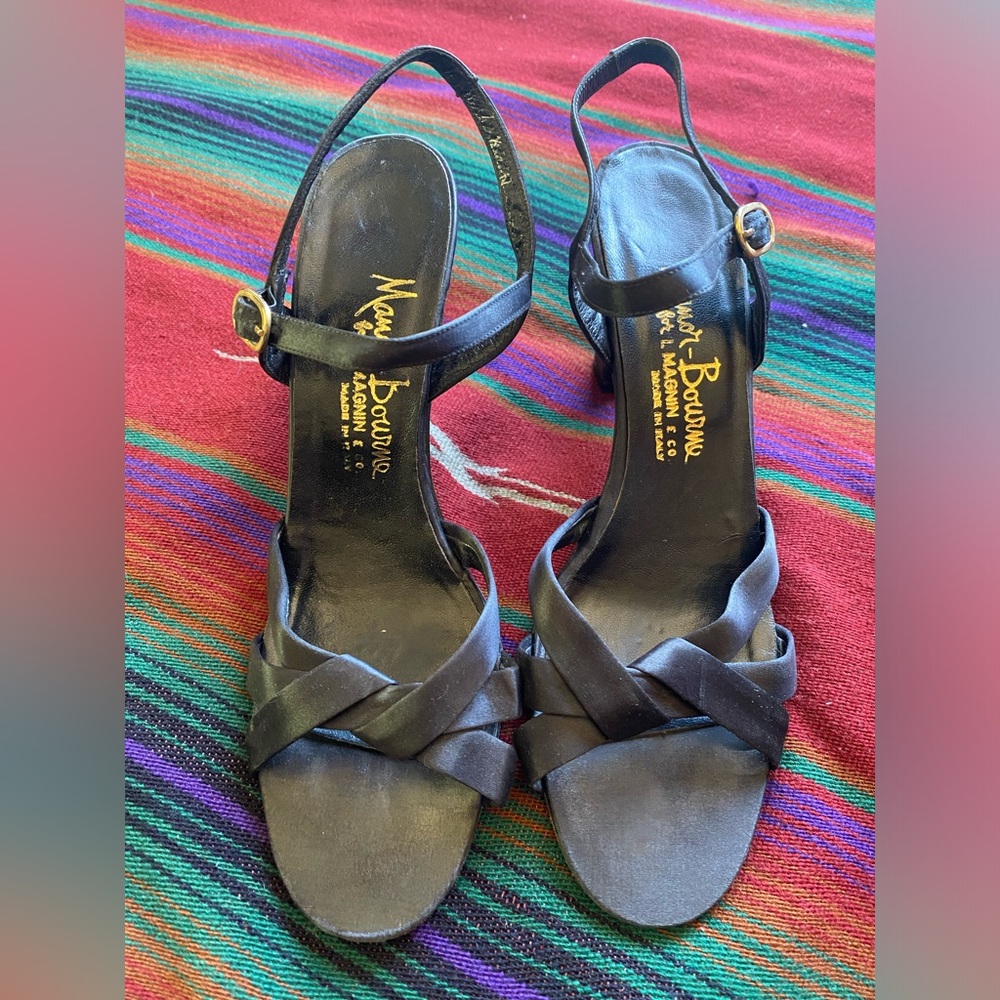 VTG 70’s Manor-Bourne for I. Magnin Heels! Black Satin with Ankle strap! 7 1/2 N